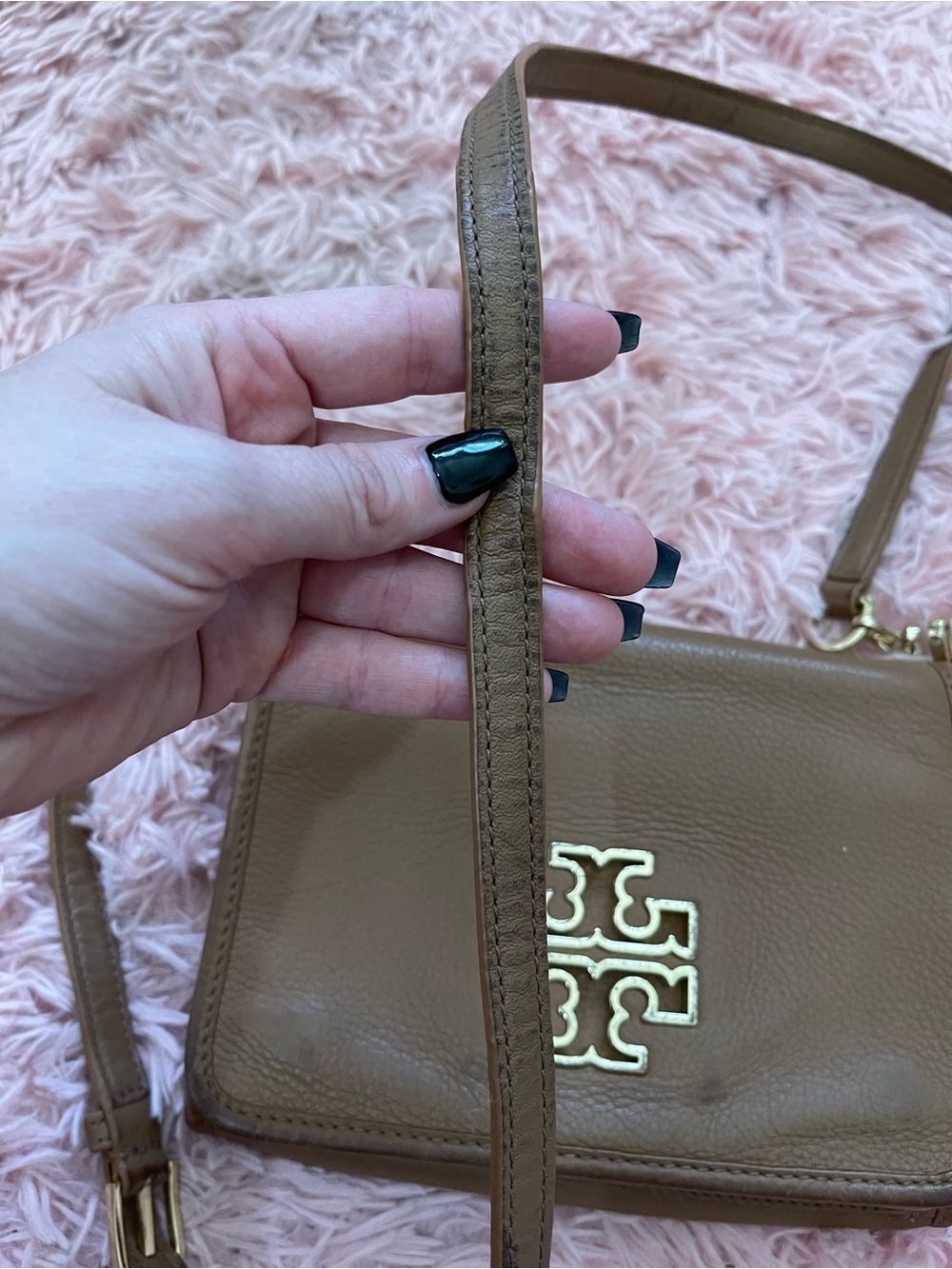 Tory Burch Britten Combo Crossbody Bag Tan Pebbled Leather Gold Logo Flap Bag - Picture 3 of 9